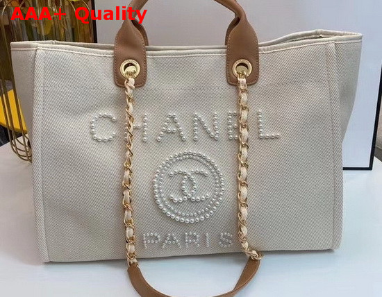 Chanel Shopping Bag Mixed Fibers Imitation Pearls and Gold Tone Metal Ecru and Beige A66941 Replica