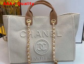 Chanel Shopping Bag Mixed Fibers Imitation Pearls and Gold Tone Metal Ecru and Beige A66941 Replica