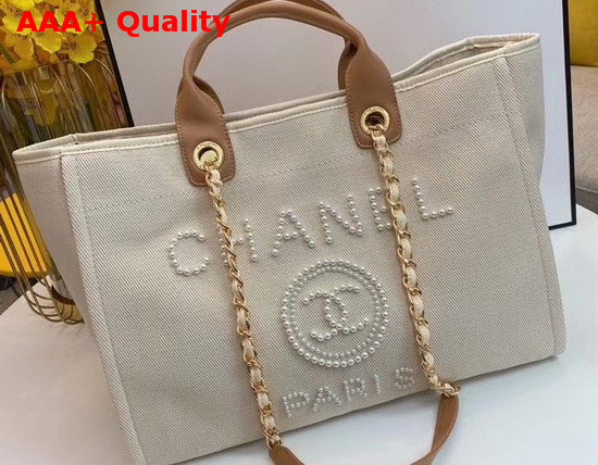 Chanel Shopping Bag Mixed Fibers Imitation Pearls and Gold Tone Metal Ecru and Beige A66941 Replica