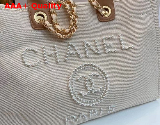 Chanel Shopping Bag Mixed Fibers Imitation Pearls and Gold Tone Metal Ecru and Beige A66941 Replica