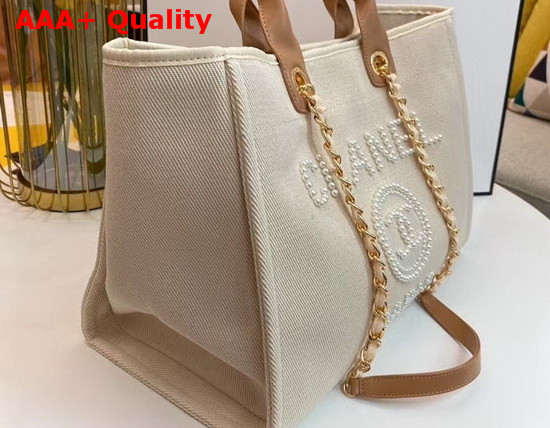 Chanel Shopping Bag Mixed Fibers Imitation Pearls and Gold Tone Metal Ecru and Beige A66941 Replica