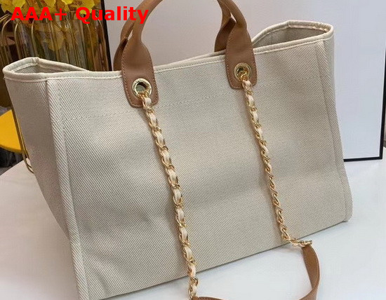 Chanel Shopping Bag Mixed Fibers Imitation Pearls and Gold Tone Metal Ecru and Beige A66941 Replica