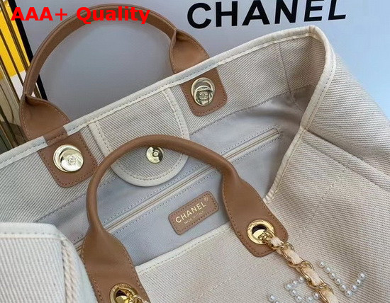 Chanel Shopping Bag Mixed Fibers Imitation Pearls and Gold Tone Metal Ecru and Beige A66941 Replica