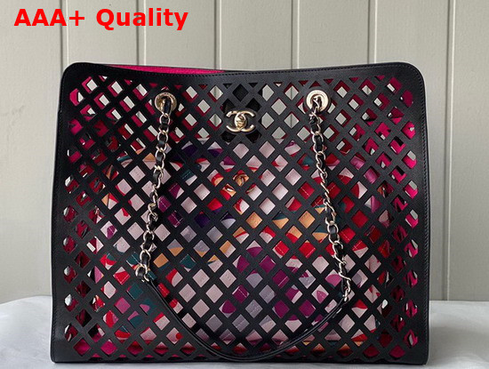 Chanel Shopping Bag Perforated Calfskin Printed Fabric and Gold Tone Metal Black Ref AS2377 Replica