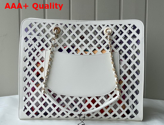 Chanel Shopping Bag Perforated Calfskin Printed Fabric and Gold Tone Metal White Ref AS2377 Replica