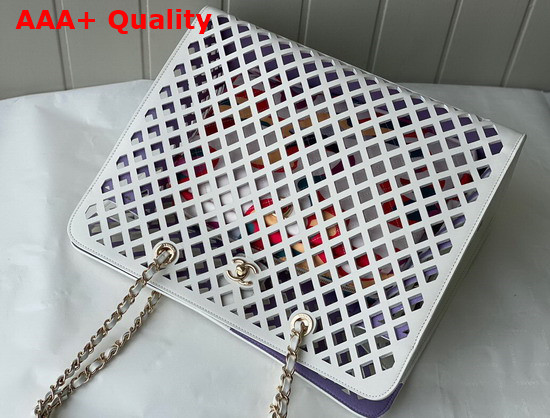 Chanel Shopping Bag Perforated Calfskin Printed Fabric and Gold Tone Metal White Ref AS2377 Replica