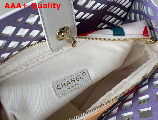 Chanel Shopping Bag Perforated Calfskin Printed Fabric and Gold Tone Metal White Ref AS2377 Replica