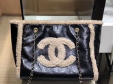 Chanel Shopping Bag Shiny Crumpled Sheepskin Shearling Sheepskin and Gold Tone Metal Black and Beige AS1167