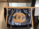 Chanel Shopping Bag Shiny Crumpled Sheepskin Shearling Sheepskin and Gold Tone Metal Black and Brown AS1167