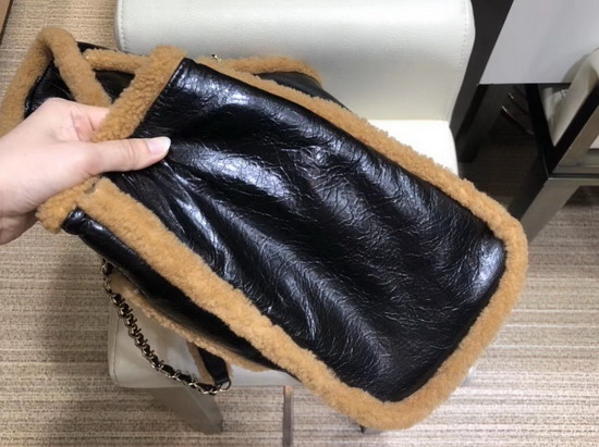 Chanel Shopping Bag Shiny Crumpled Sheepskin Shearling Sheepskin and Gold Tone Metal Black and Brown AS1167