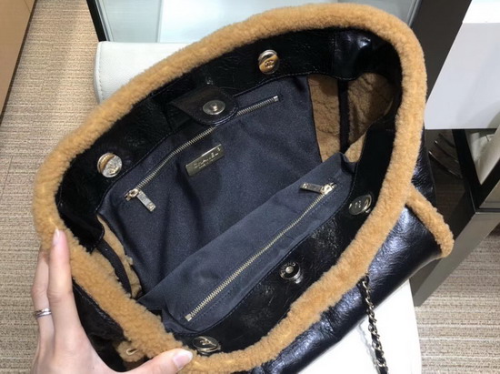 Chanel Shopping Bag Shiny Crumpled Sheepskin Shearling Sheepskin and Gold Tone Metal Black and Brown AS1167