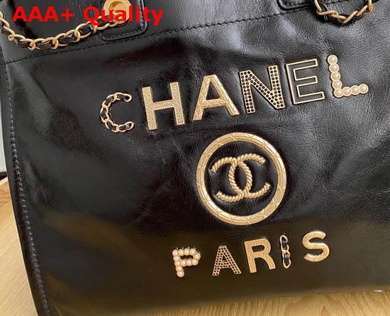 Chanel Shopping Bag in Black Aged Calfskin with Metal Chanel Logo On the Front Replica