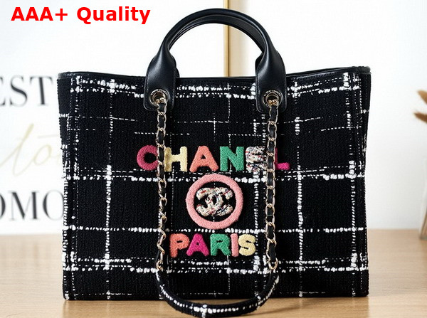 Chanel Shopping Bag in Black and White Tweed with Multicolor Embroidered Chanel Letter Replica