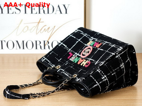 Chanel Shopping Bag in Black and White Tweed with Multicolor Embroidered Chanel Letter Replica