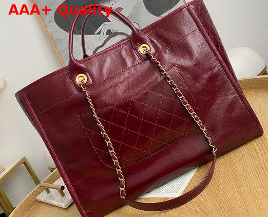 Chanel Shopping Bag in Burgundy Aged Calfskin with Metal Chanel Logo On the Front Replica