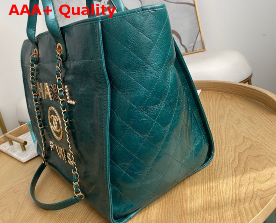 Chanel Shopping Bag in Green Aged Calfskin with Metal Chanel Logo On the Front Replica