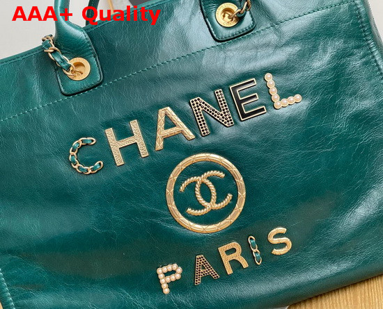 Chanel Shopping Bag in Green Aged Calfskin with Metal Chanel Logo On the Front Replica