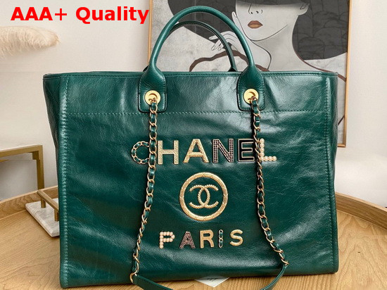 Chanel Shopping Bag in Green Aged Calfskin with Metal Chanel Logo On the Front Replica