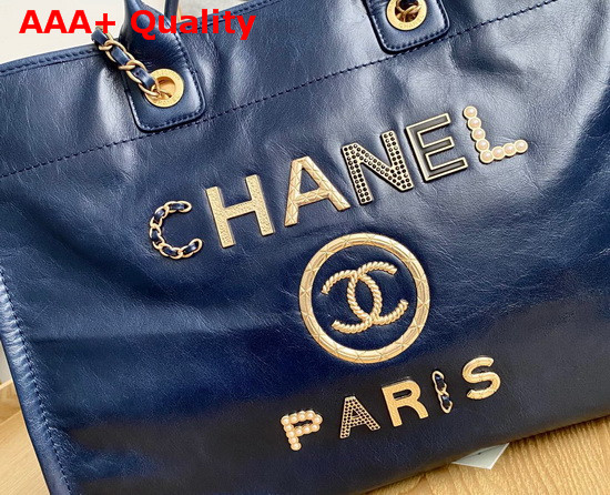 Chanel Shopping Bag in Navy Aged Calfskin with Metal Chanel Logo On the Front Replica