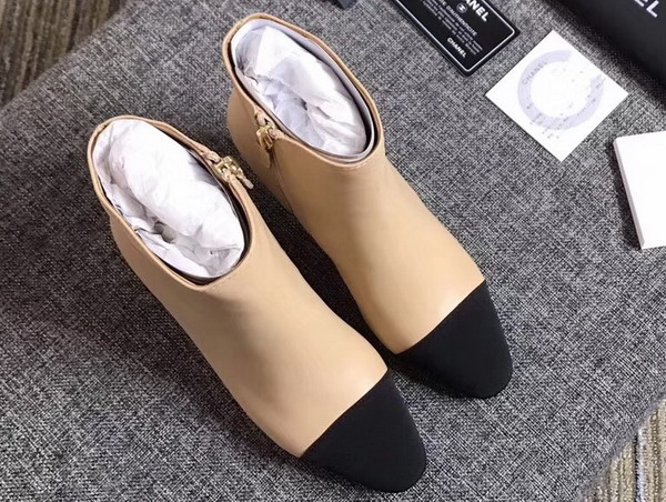 Chanel Short Boot Apricot Lambskin and Black Grosgrain 65mm Heel For Sale