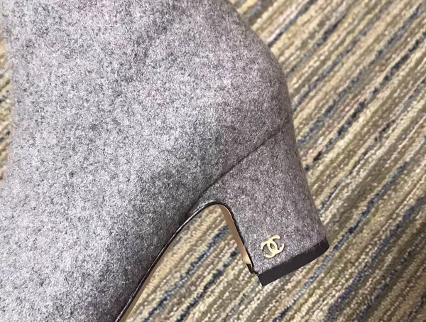 Chanel Short Boot Light Grey Tweed and Black Grosgrain 65mm Heel For Sale