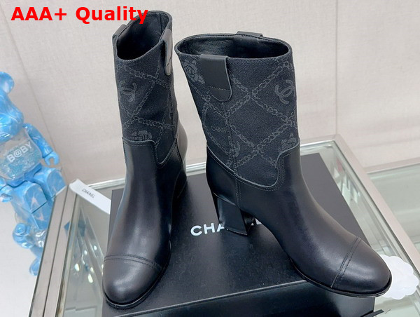 Chanel Short Boot in Black Calfskin and Printed Denim Replica