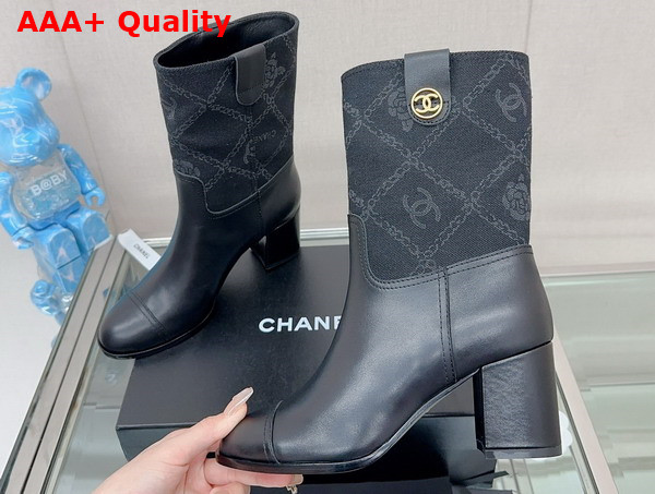 Chanel Short Boot in Black Calfskin and Printed Denim Replica