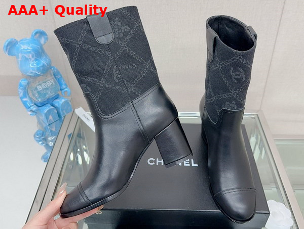 Chanel Short Boot in Black Calfskin and Printed Denim Replica