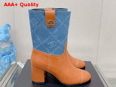 Chanel Short Boot in Light Brown Calfskin and Blue Printed Denim Replica