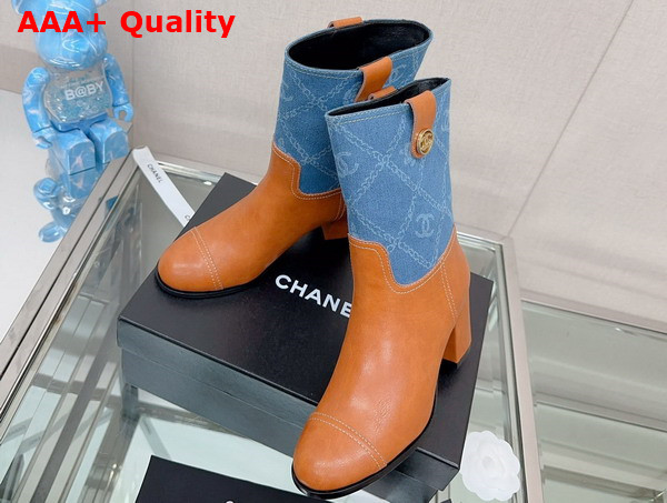 Chanel Short Boot in Light Brown Calfskin and Blue Printed Denim Replica