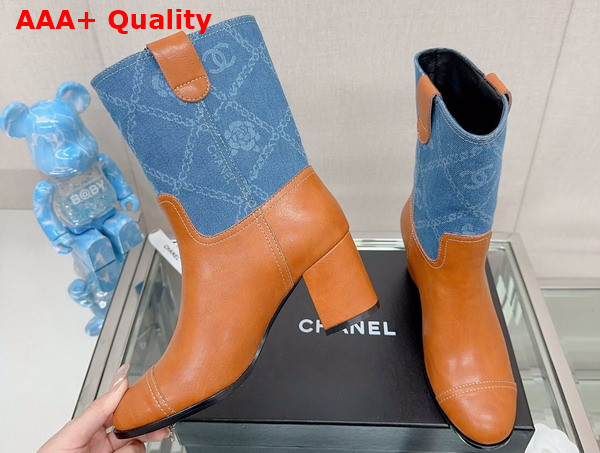 Chanel Short Boot in Light Brown Calfskin and Blue Printed Denim Replica