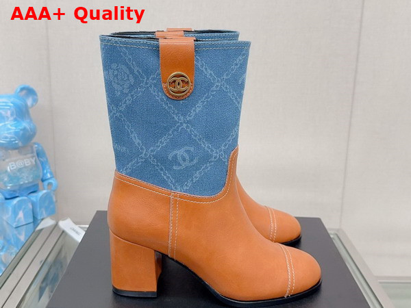 Chanel Short Boot in Light Brown Calfskin and Blue Printed Denim Replica