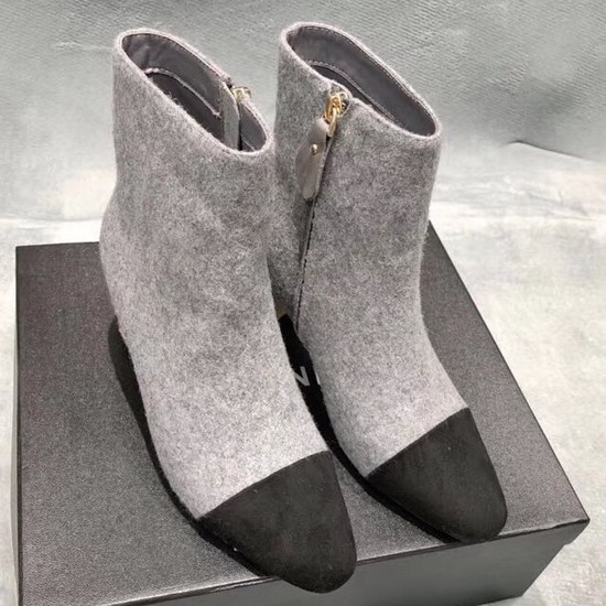 Chanel Short Boot with Side Zip Light Grey Tweed and Black Suede