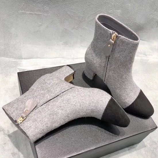 Chanel Short Boot with Side Zip Light Grey Tweed and Black Suede