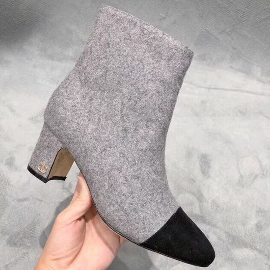 Chanel Short Boot with Side Zip Light Grey Tweed and Black Suede