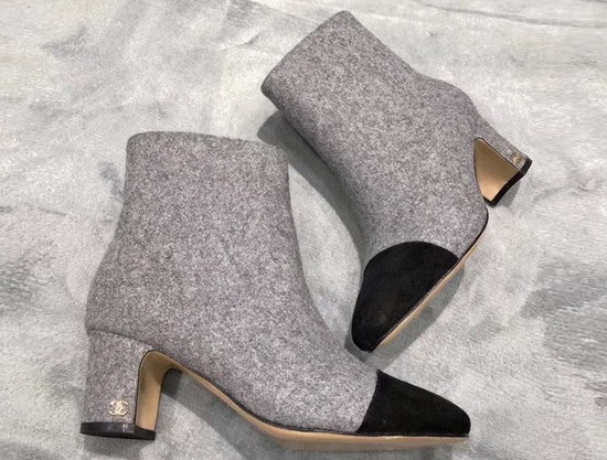 Chanel Short Boot with Side Zip Light Grey Tweed and Black Suede