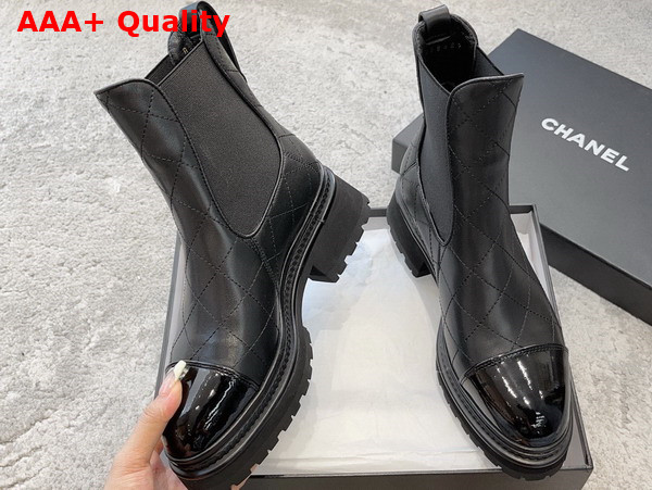 Chanel Short Boots Black Calfskin and Patent Calfskin Replica