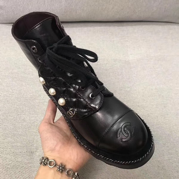 Chanel Short Boots Black Calfskin with Pearl Studs 2in Heel For Sale