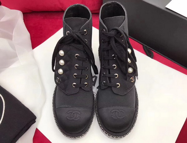 Chanel Short Boots Black Denim and Grosgrain with Pearl Studs For Sale