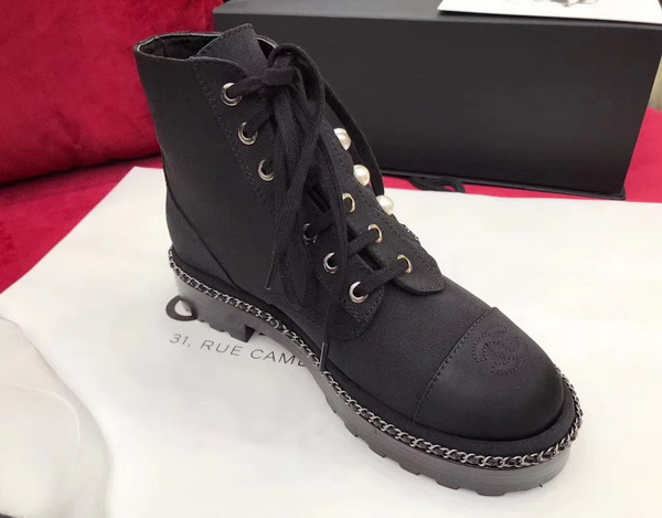 Chanel Short Boots Black Denim and Grosgrain with Pearl Studs For Sale