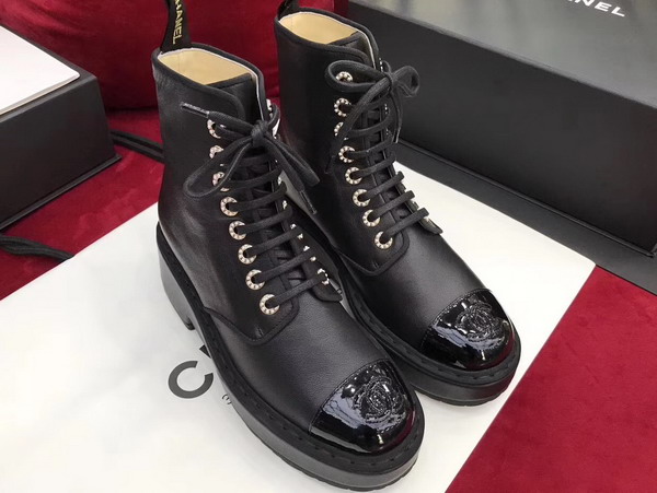 Chanel Short Boots Black Smooth Calfskin and Patent Calfskin For Sale