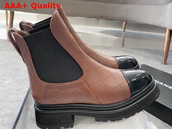 Chanel Short Boots Calfskin and Patent Calfskin Brown and Black Replica