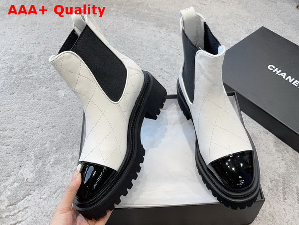 Chanel Short Boots Calfskin and Patent Calfskin White and Black Replica