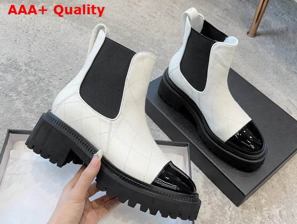 Chanel Short Boots Calfskin and Patent Calfskin White and Black Replica