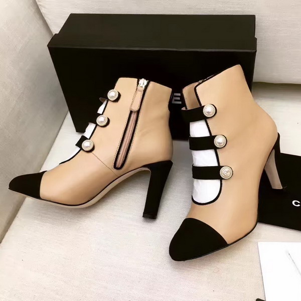 Chanel Short Boots Lambskin and Grosgrain Beige and Black For Sale