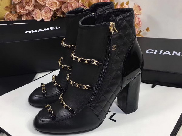 Chanel Short Boots Lambskin and Patent Calfskin Black High Heel For Sale