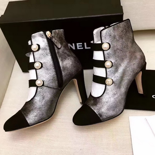 Chanel Short Boots Metallic Calfskin and Grosgrain Antique Silver and Black For Sale