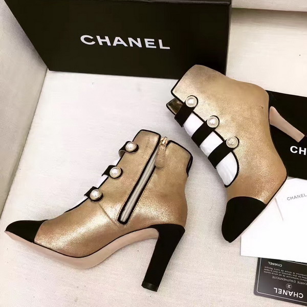 Chanel Short Boots Metallic Calfskin and Grosgrain Gold and Black For Sale