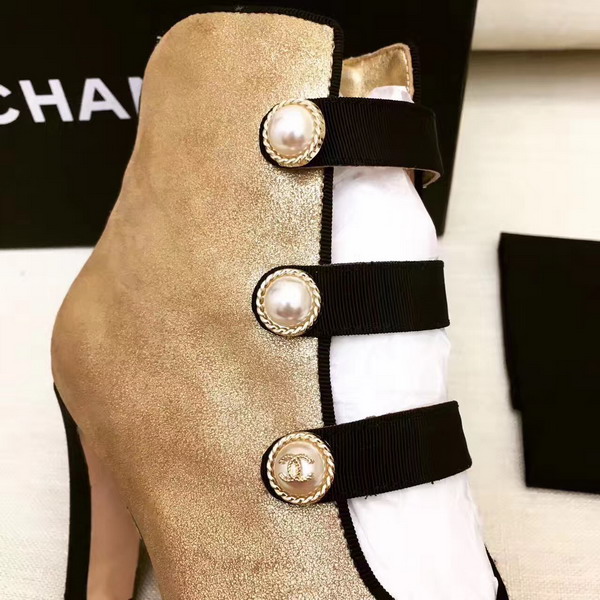 Chanel Short Boots Metallic Calfskin and Grosgrain Gold and Black For Sale