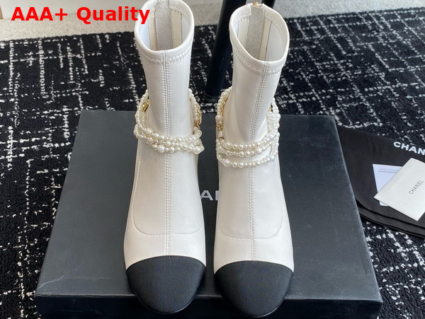 Chanel Short Boots Stretch Lambskin Grosgrain Imitation Pearls Metal White and Black G45794 Replica